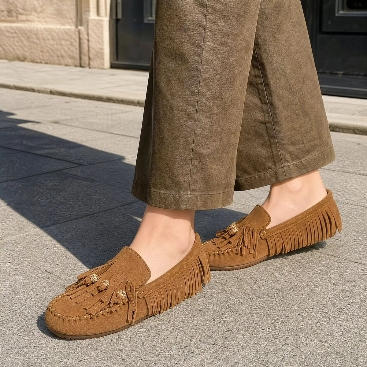 Camel faux suede moccasin, top view Image