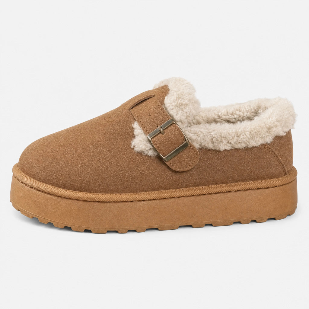 Women's brown fur-lined moccasins with buckle, side view