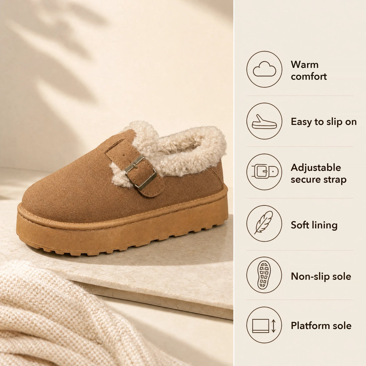 Pair of brown fur-lined moccasins, top view Image