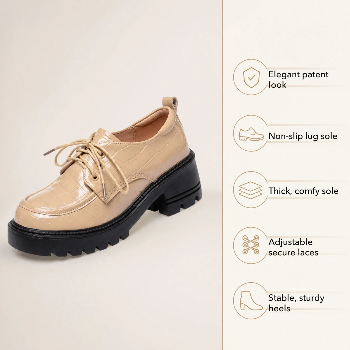 Pair of beige heeled moccasins, top view Image