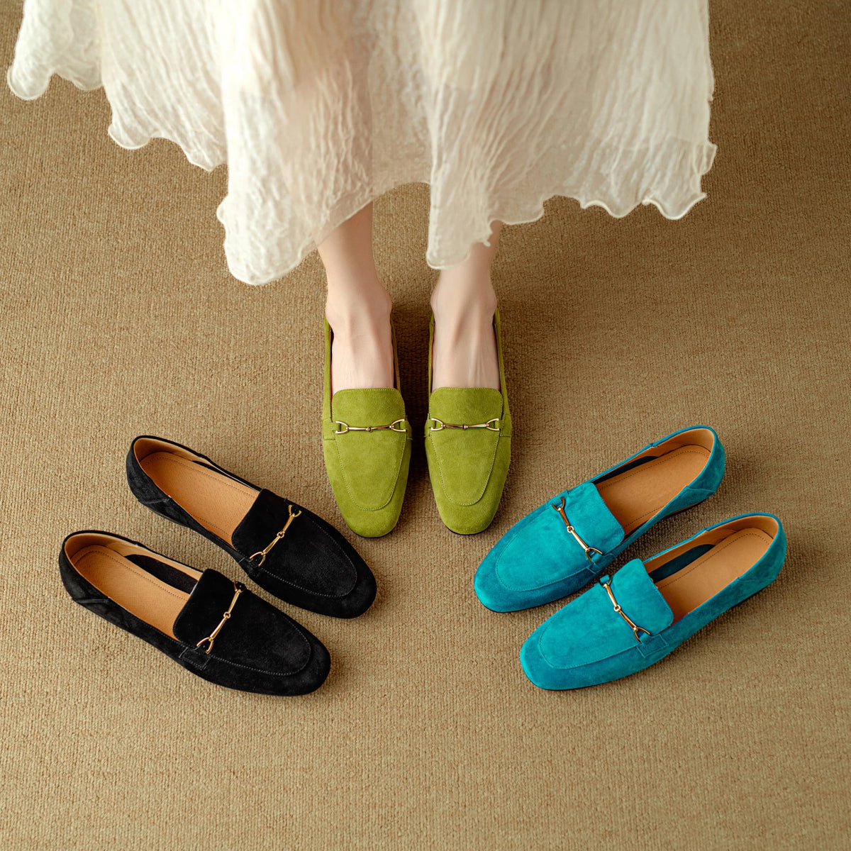 Women's Loafers with Gold Buckle in Vivid Colors - view 5