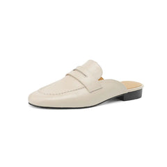Women's Leather Penny Loafer Mule with Low Heel, Beige