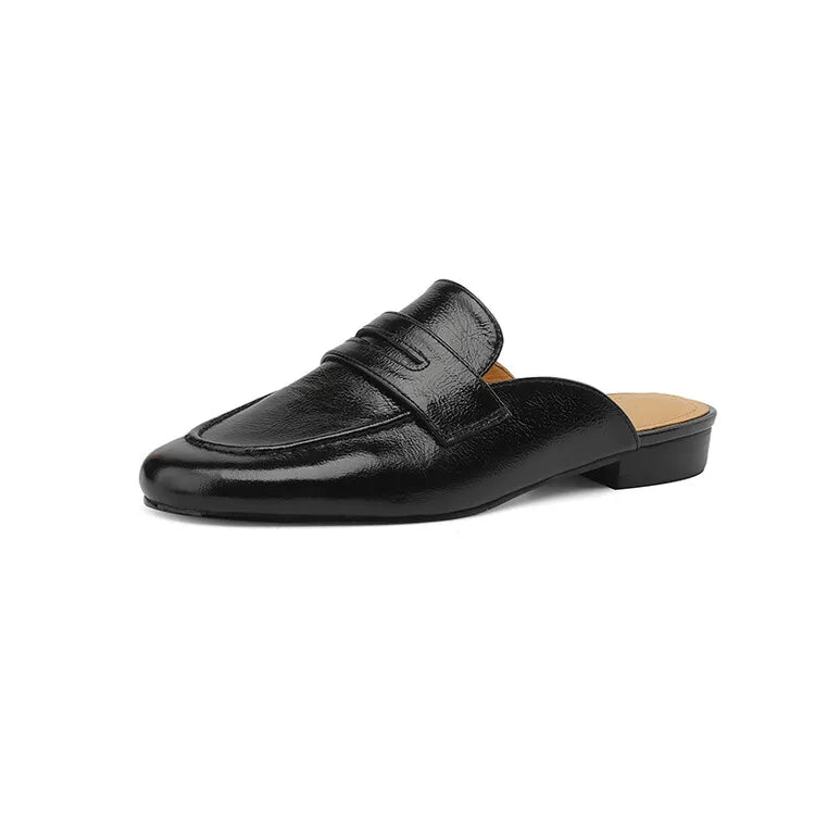 Women's leather penny loafer mule with low heel in gold