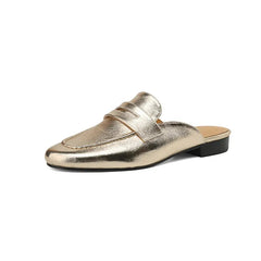 Women's Leather Penny Loafer Mule with Low Heel, Gold