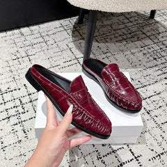Women's Leather Penny Loafer Mules, Flat Heel, Burgundy