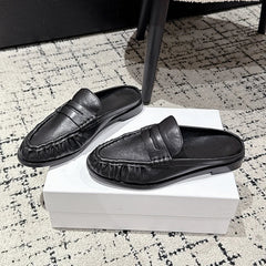 Women's Leather Penny Loafer Mules, Flat Heel, Smooth black