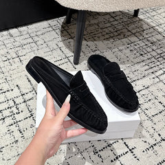 Women's Leather Penny Loafer Mules, Flat Heel, Black suede