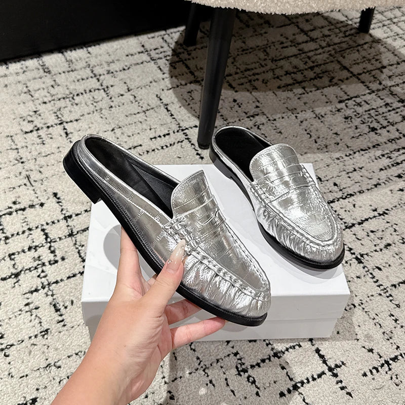 Women's leather penny loafer mule with flat heel in Silver