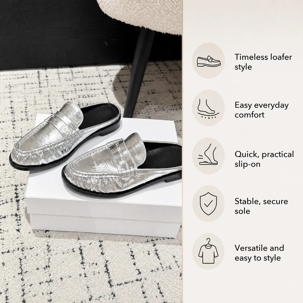 Women's leather penny loafer mule with flat heel in Silver