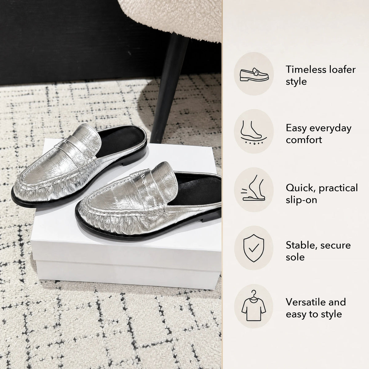 Women's leather penny loafer mule with flat heel in Silver
