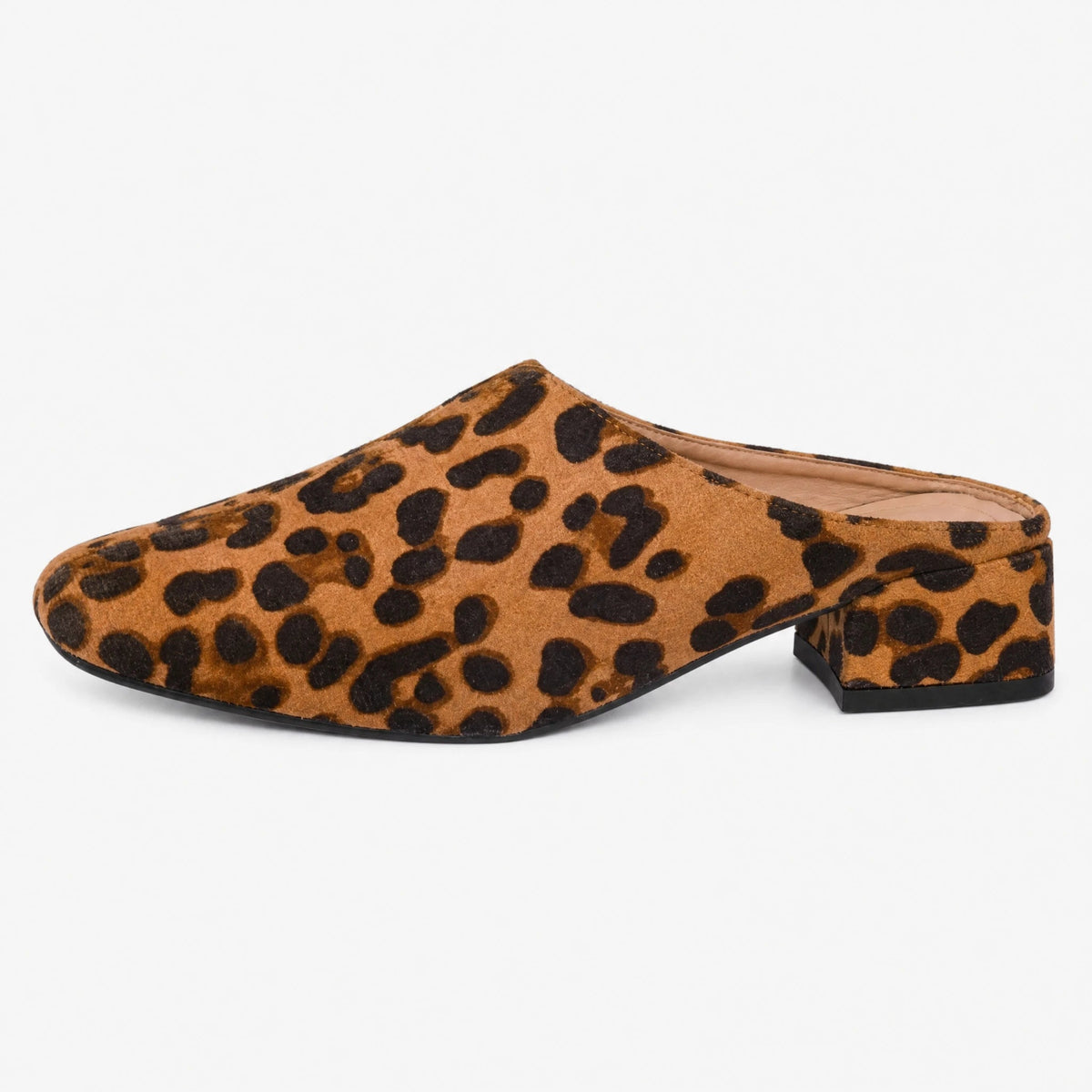 Women's leopard-print loafer mules with block heel, front view