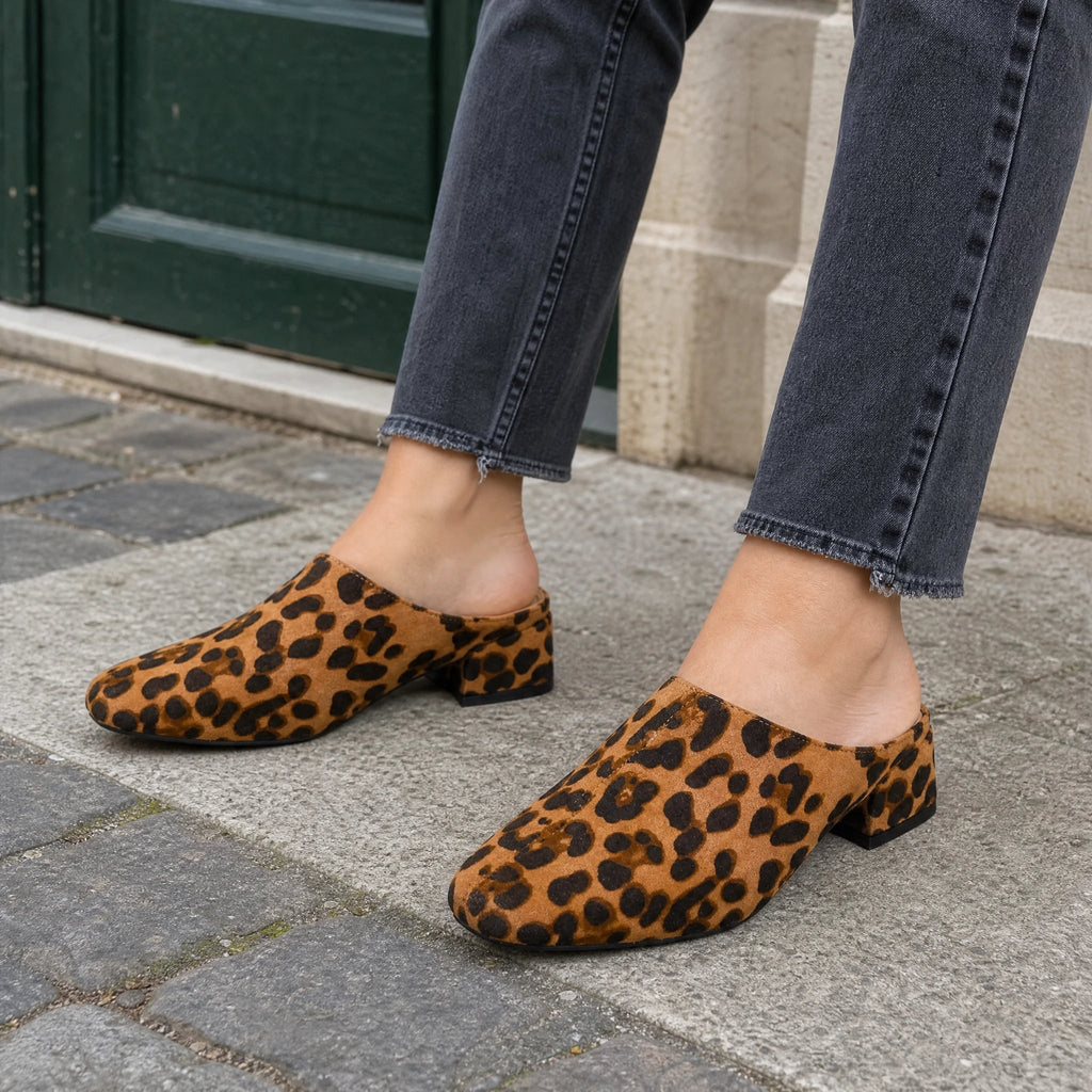 Women's leopard-print loafer mules with block heel, top view
