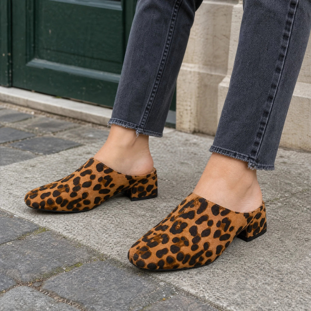 Women's leopard-print loafer mules with block heel, top view
