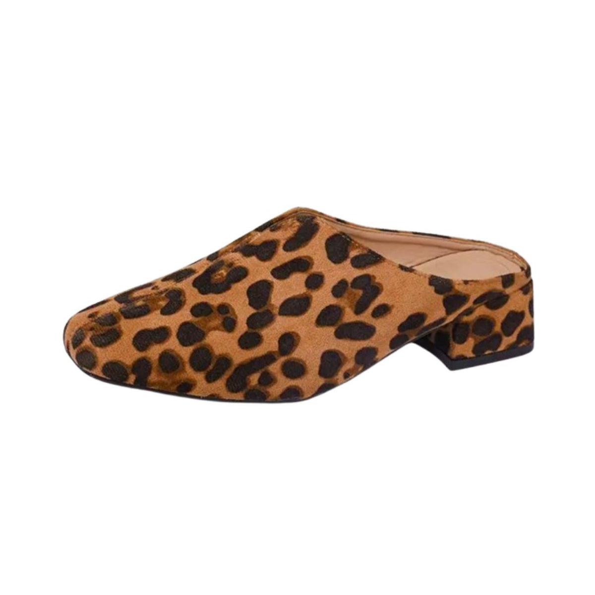 Women's leopard-print loafer mules with block heel, worn on foot