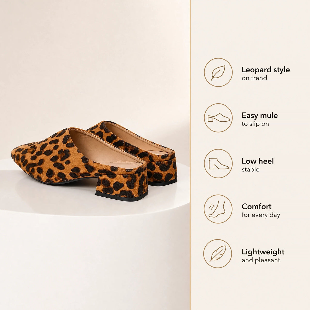 Women's leopard-print loafer mules with block heel, back view Image