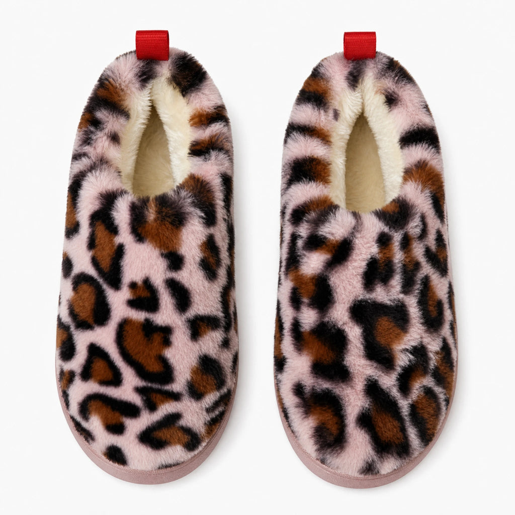 Women's pink leopard print fur-lined moccasin mule, side view