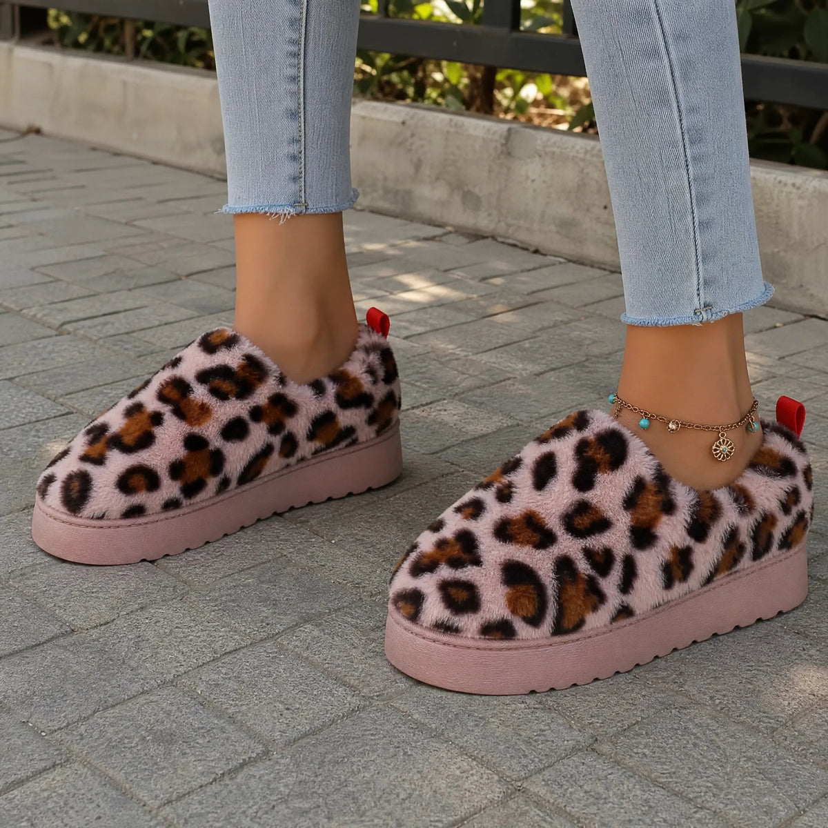 Pale pink and beige leopard faux fur upper