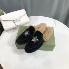 Women's Lined Mules with Embroidered Stars and Velvet, Black Velvet