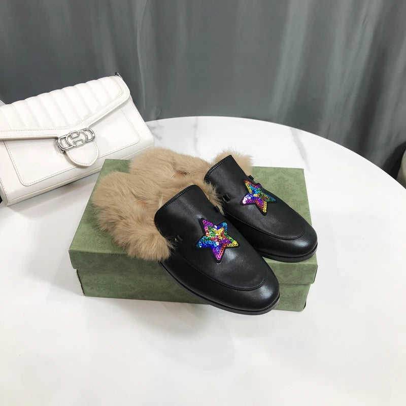 Women's lined mule with embroidered stars and velvet in black leather