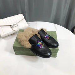 Women's Lined Mules with Embroidered Stars and Velvet, Black Leather