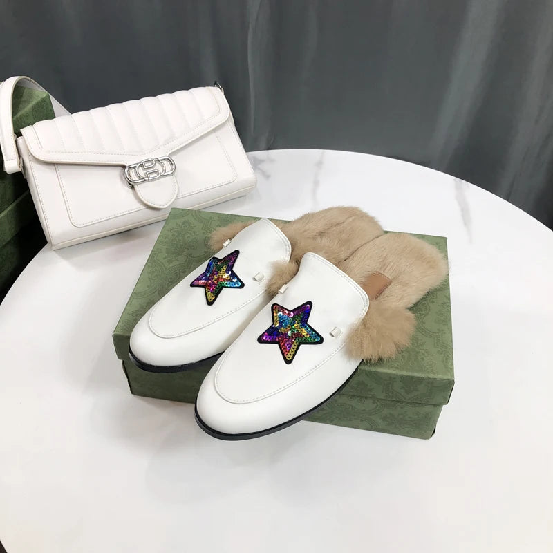 Women's lined mule with embroidered stars and velvet in white leather