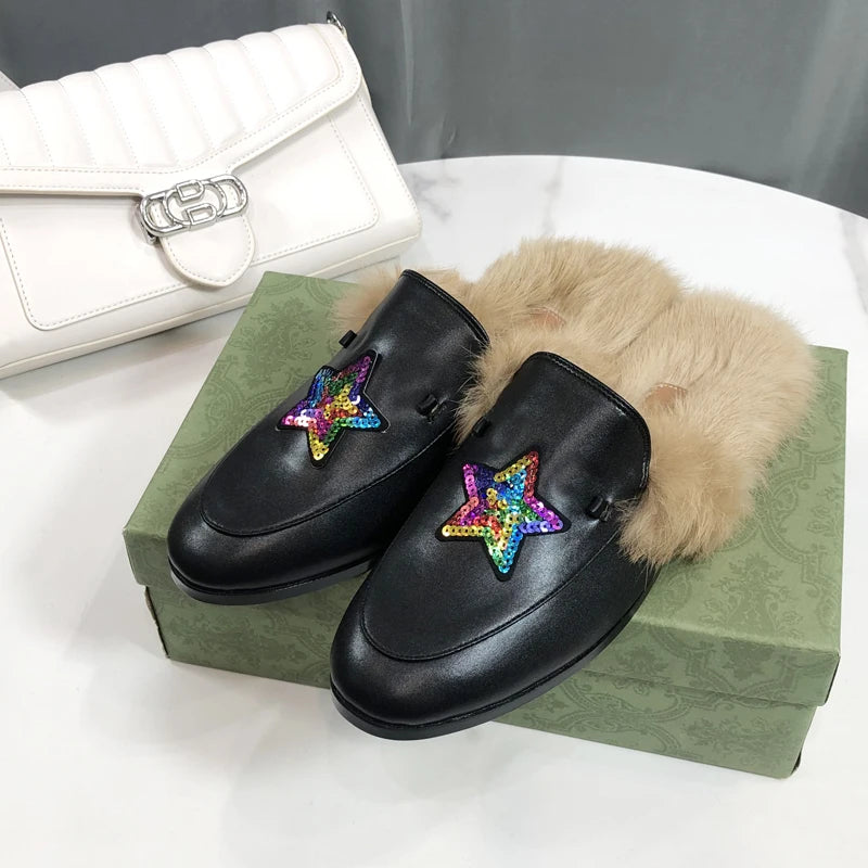 Women's lined mule with embroidered stars and velvet, black velvet version, view 4