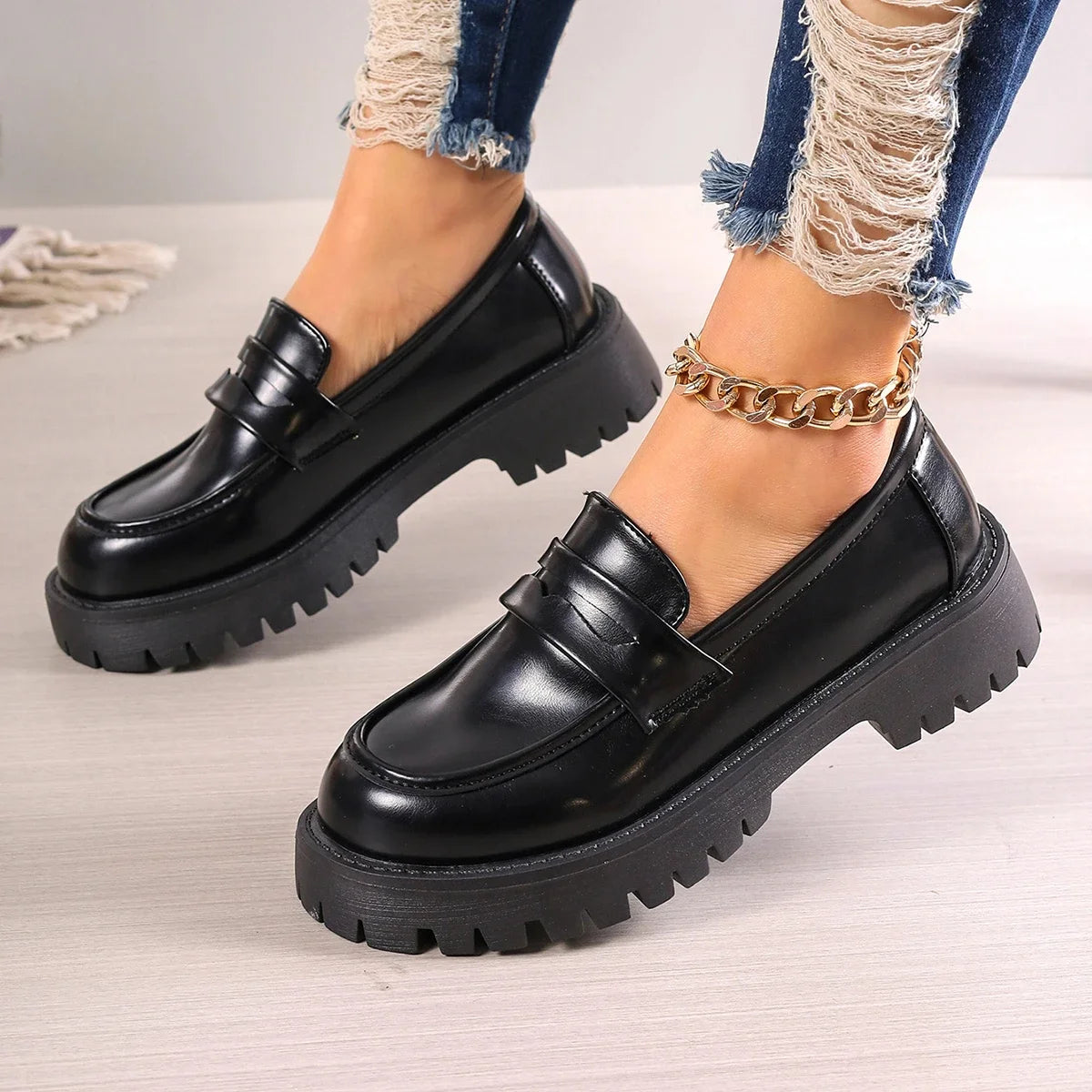 Women's lug sole platform loafers in brown or black, view 2