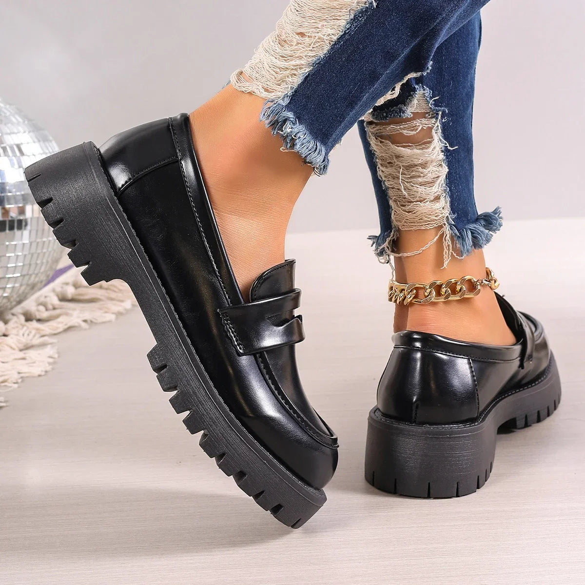 Women's lug sole platform loafers in brown or black, view 4