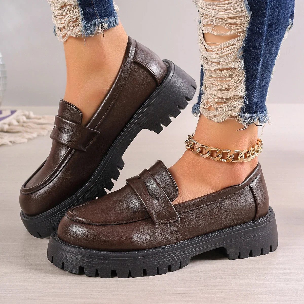 Women's lug sole platform loafers in brown or black, view 6