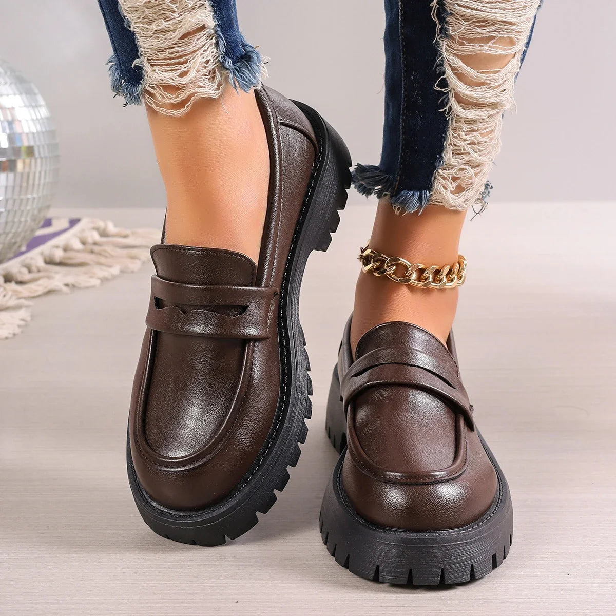 Women's lug sole platform loafers in brown or black, view 7
