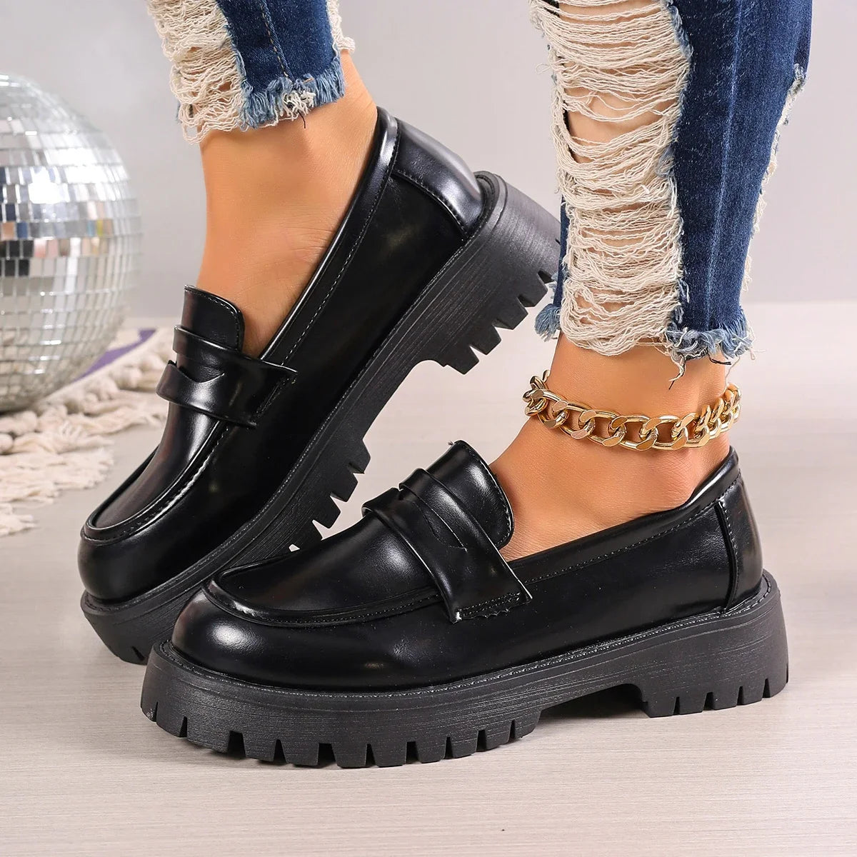 Women's lug sole platform loafers in brown or black, view 9