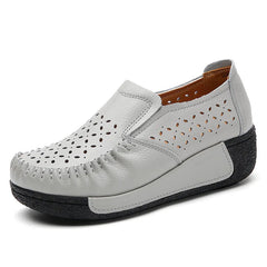 Women's Perforated Genuine Leather Thick-Sole Loafers, Gray
