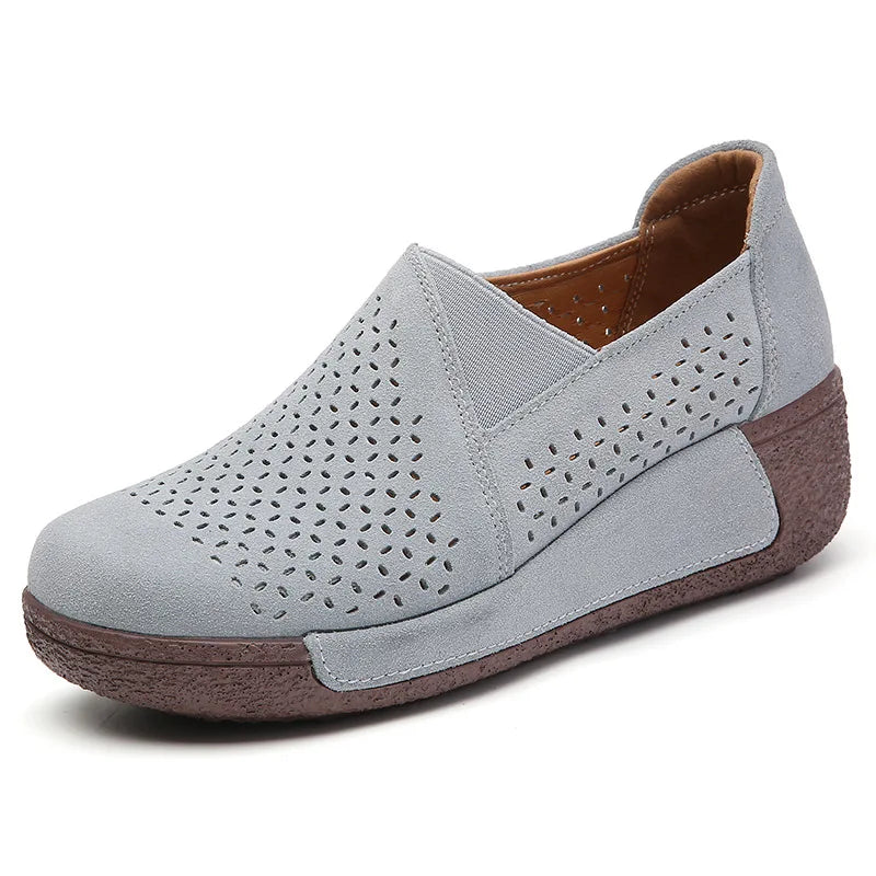 Beige perforated suede platform loafer