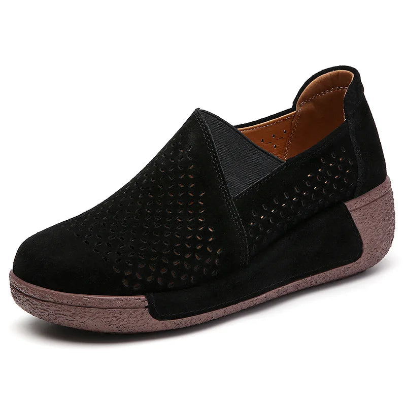 Light gray perforated suede platform loafer