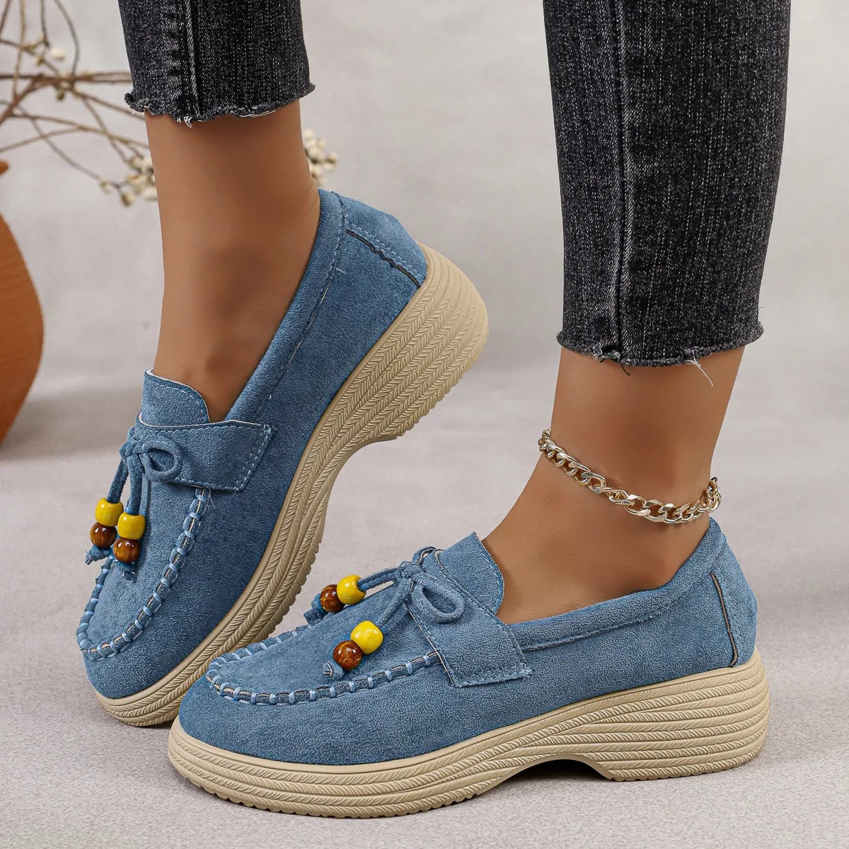 Women's Platform Loafers with Bow and Multicolor Pearls - view 3