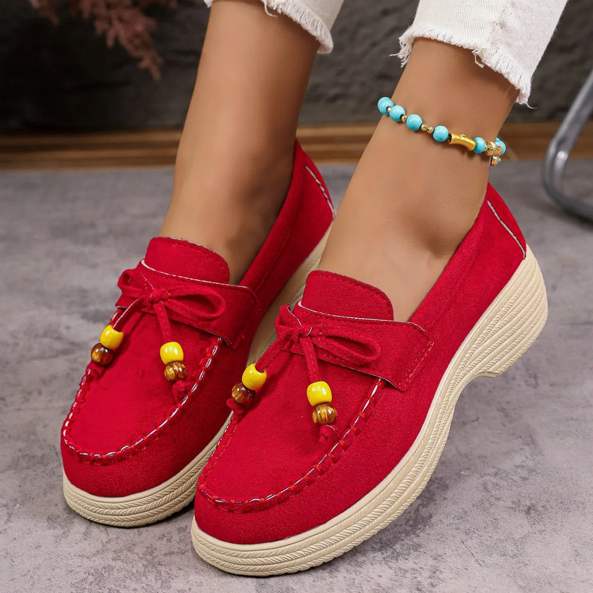 Women's Platform Loafers with Bow and Multicolor Pearls - view 6