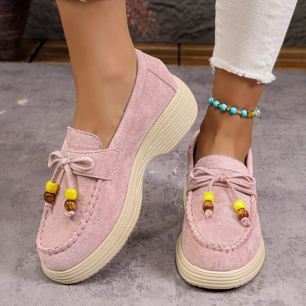Women's Platform Loafers with Bow and Multicolor Pearls - view 7