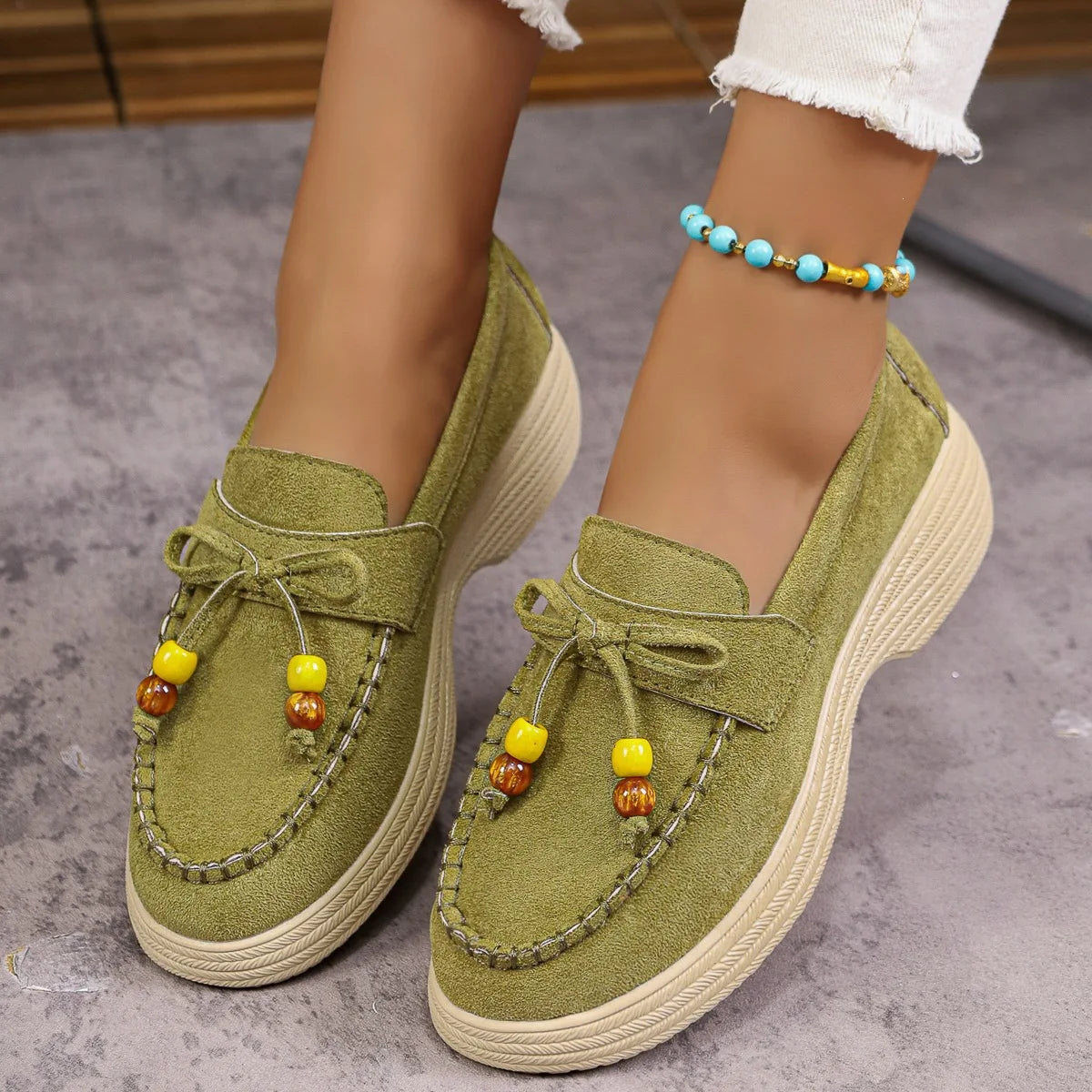 Women's Platform Loafers with Bow and Multicolor Pearls - view 8