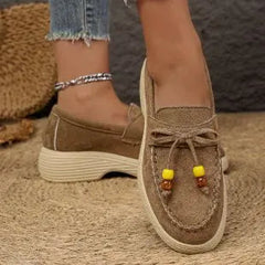 Women's Platform Loafers with Pearl Bow, Taupe