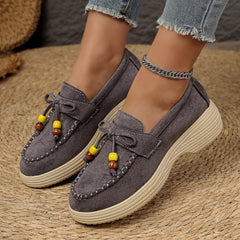 Women's Platform Loafers with Pearl Bow, Dark Gray