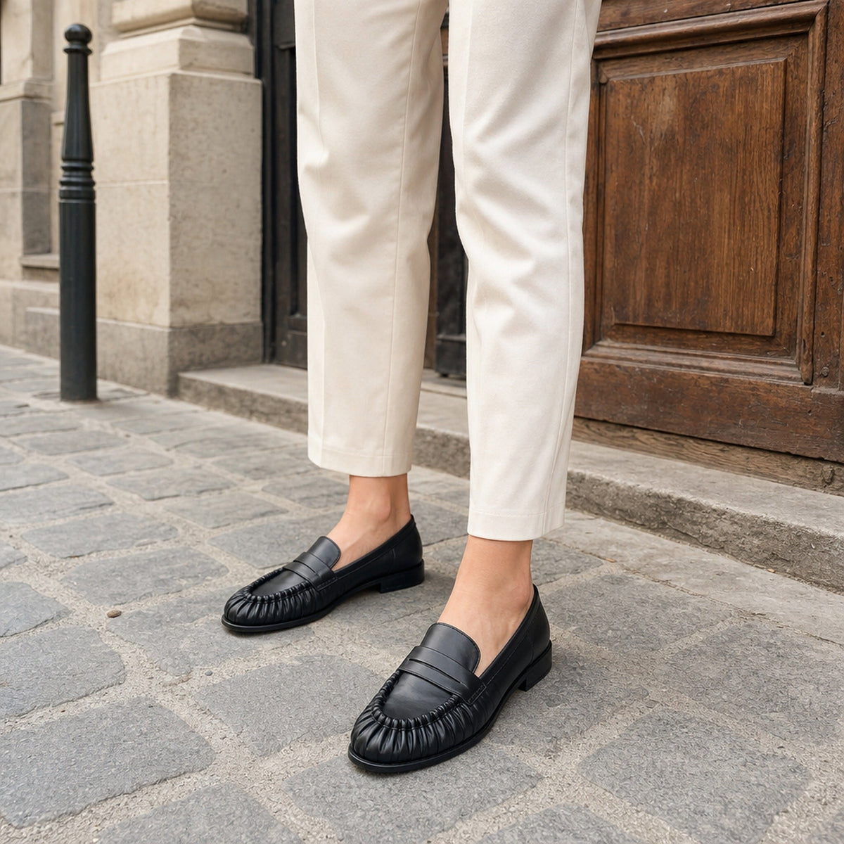 Women's smooth leather-look penny loafer with open heel in Chocolate Image