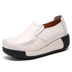 Women's Smooth Leather Thick-Sole Loafers, Beige