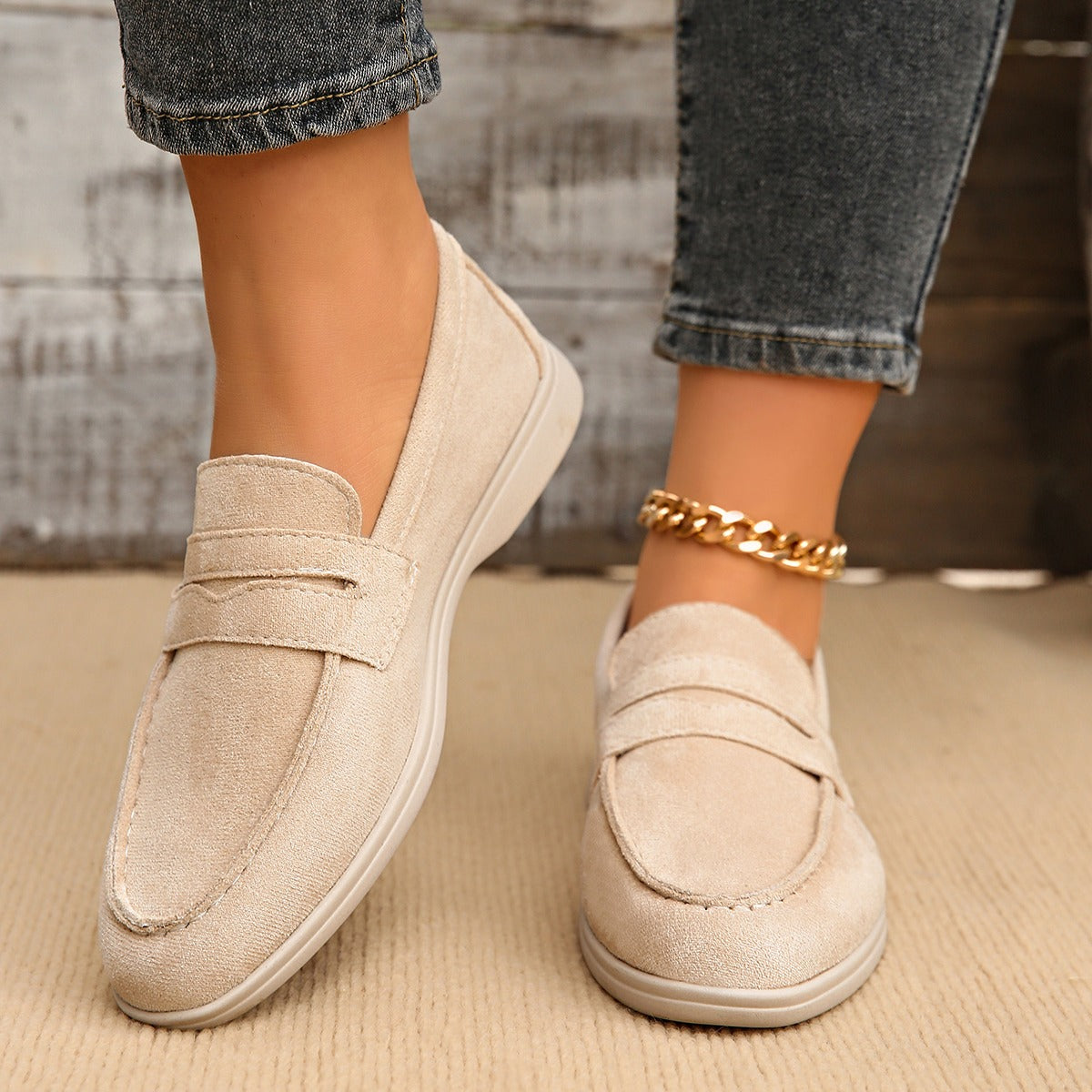 Women's strap loafer with white sole, camel three-quarter view