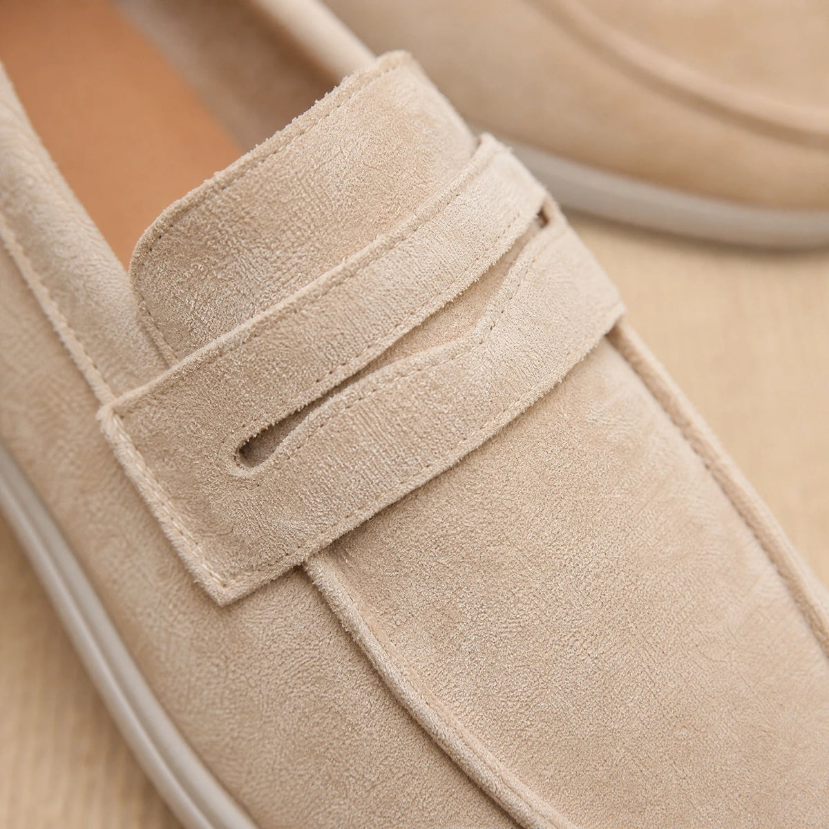 Women's strap loafer with white sole, camel side view