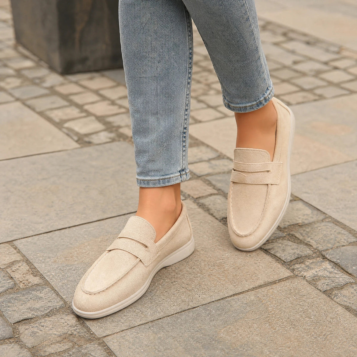Women's strap loafer with white sole, navy top view Image