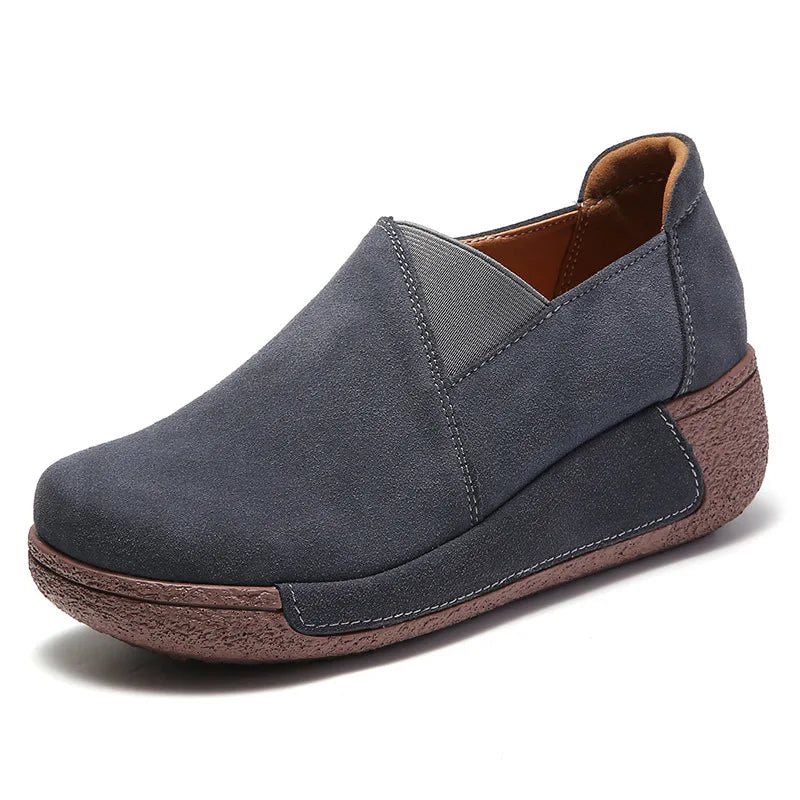 Women's suede leather loafers with thick sole in Light Gray, lifestyle view