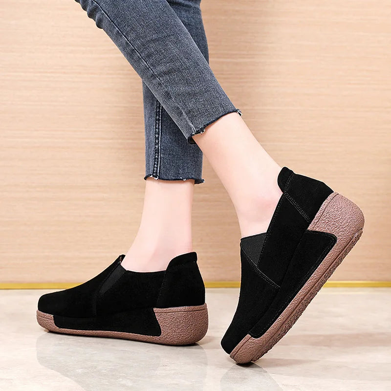 Women's suede leather loafers with thick sole in Black, side view
