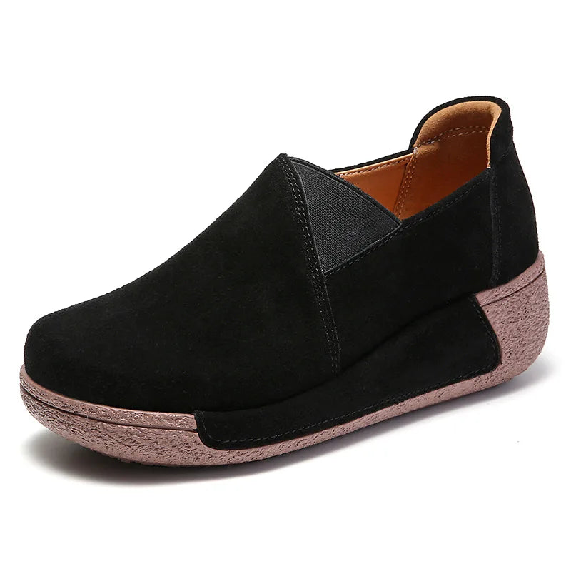 Women's suede leather loafers with thick sole in Beige, back view