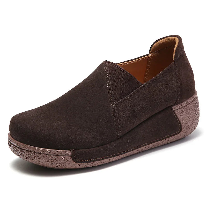 Women's suede leather loafers with thick sole in Dark Gray, top view