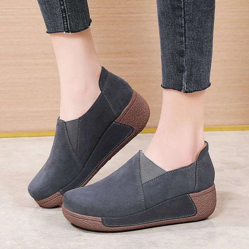 Women's suede leather loafers with thick sole in Beige, close-up